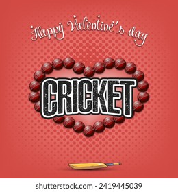 Happy Valentines Day. Cricket balls laid out in the shape of the heart. Design pattern for greeting card, banner, poster, flyer, invitation party. Vector illustration on isolated background