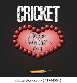 Happy Valentines Day. Cricket balls laid out in the shape of the heart. Design pattern for greeting card, banner, poster, flyer, invitation party. Vector illustration on isolated background