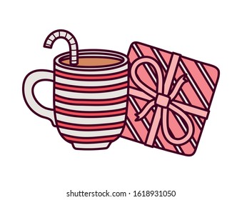 happy valentines day, cup chocolate and striped gift box decoration celebration vector illustration