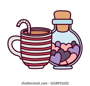happy valentines day, cup chocolate and bottle glass with hearts love celebration vector illustration