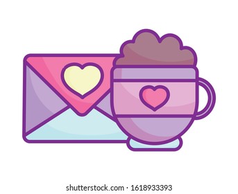 happy valentines day, cup chocolate envelope message heart romantic celebration vector illustration