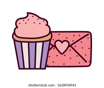 happy valentines day, cupcake and dotted envelope message celebration vector illustration