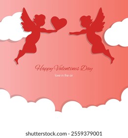 Happy Valentine's day with cupid and arrow bow with air love heart and clouds, happy love day