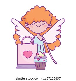 happy valentines day, cupid with cupcake and bag gift vector illustration