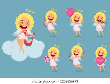 Happy Valentines Day. Cupid girl, cute cartoon character, set of seven poses. Vector illustration on blue background
