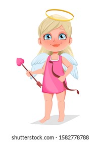 Happy Valentines Day. Cupid girl with bow and love arrow, cute cartoon character. Vector illustration isolated on white background