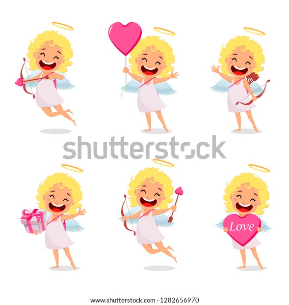 ハッピーバレンタインデー かわいい漫画のキャラクター 6つのポーズセットのキューピッドガール 白い背景にベクターイラスト のベクター画像素材 ロイヤリティフリー