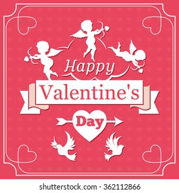 Happy Valentines day, Cupid ribbon and birds, vector illustration