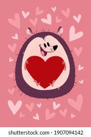 Happy Valentine's Day! A cut hedgehog surrounded by a heart with a heart in his hands. Can be used as a postcard or sticker. Don'T forget to greet your soul mate in this beautiful day!