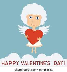Happy Valentine's day! Cute angel girl with heart in hands in cartoon style.