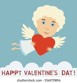 Happy Valentine's day! Cute angel boy flying with heart in hands.