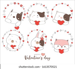 Happy Valentines Day With Cute Animal Cartoon Hand Drawn Style.vector Illustration