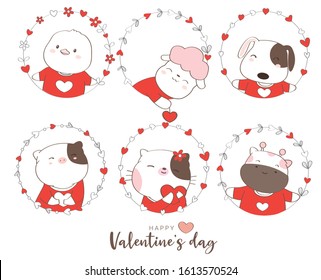 Happy Valentines Day With Cute Animal Cartoon Hand Drawn Style.vector Illustration