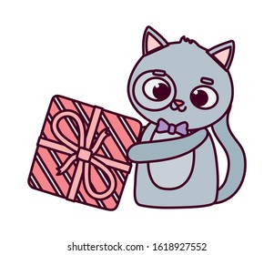happy valentines day, cute animals gray cat with gift box vector illustration