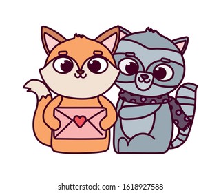 happy valentines day, cute animals raccoon and fox with message love vector illustration