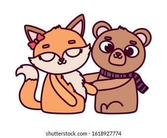 happy valentines day, cute animals bear and female fox cartoon vector illustration