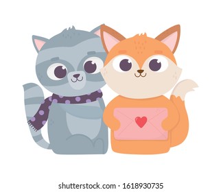 happy valentines day, cute animals cat and fox with message love vector illustration