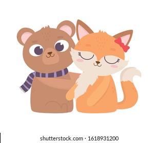 happy valentines day, cute animals bear and female fox cartoon vector illustration