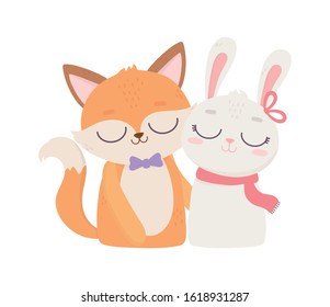 happy valentines day, cute animals fox and rabbit cartoon vector illustration