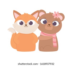 happy valentines day, cute animals bear and fox love cartoon vector illustration