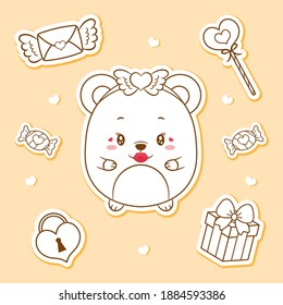 happy valentines day cute baby teddy bear drawing stickers sketch for coloring