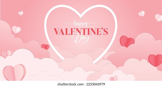 Happy valentine's day cute banner valentine day vector illustration pink hearts clouds 14 February