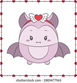happy valentines day cute bat drawing post card with hearts