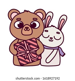 happy valentines day, cute bear with gift and rabbit love celebration vector illustration