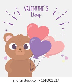 happy valentines day, cute bear with balloons shaped hearts decoration celebration vector illustration
