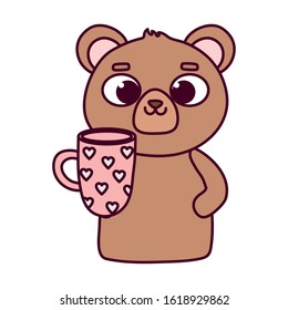 happy valentines day, cute bear with coffee cup with hearts celebration vector illustration