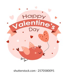 Happy Valentine's Day. Cute bird with balloon. Love, romance, relationship concept. Flat vector illustration