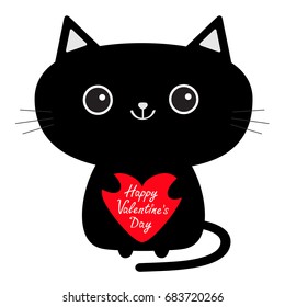 Happy Valentines Day. Cute black cat icon holding red heart. Funny cartoon character. Kawaii animal. Kitty kitten. Baby pet collection. White background. Isolated Flat design. Vector