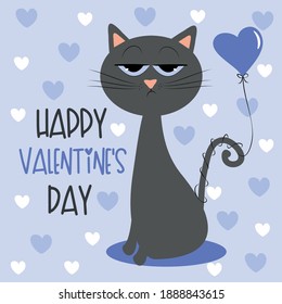 Happy Valentine's Day - cute bored cat with air ballon, and hearts. Good for Greeting card, poster, textile print, mug, and other gifts design.