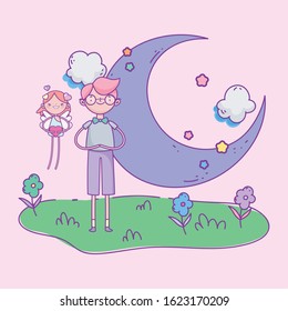 happy valentines day, cute boy and little cupid with heart and moon flowers clouds vector illustration