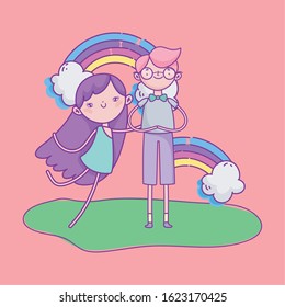 happy valentines day, cute boy and cupid in grass rainbows decoration vector illustration