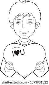 Happy Valentine's Day with cute boy holding a heart. Black and white vector illustration adorable kid child in cartoon style isolated clipart. Character for congratulation with wedding, birthday card