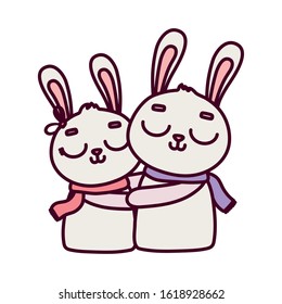 happy valentines day, cute bunny couple hugging love romantic celebration vector illustration