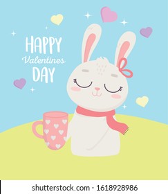 happy valentines day, cute bunny with coffee cup with hearts leaves celebration vector illustration