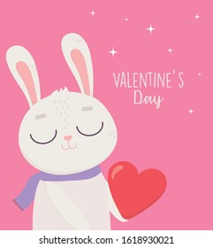 happy valentines day, cute bunny with red heart love passion celebration vector illustration