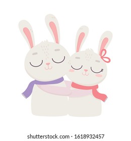 happy valentines day, cute bunny couple hugging love romantic celebration vector illustration
