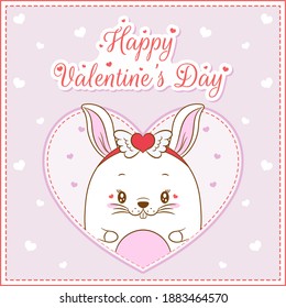 happy Valentines day cute bunny drawing with hearts