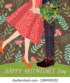 Happy Valentine's day! cute card or poster with a vector illustration of a dancing couple on a date with a bouquet of flowers, congratulations on the holiday
 
