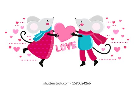 Happy Valentine's day! cute card or poster.Two cute mice give each other a pink heart. Funny animal wishes happy Valentine's day. Romantic Declaration of love. Vector cartoon romantic illustration