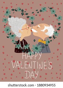 Happy Valentine's day! Cute card or poster with a vector illustration of an elderly couple on a date, congratulations on the holiday