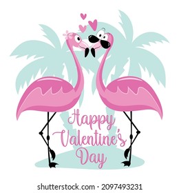 Happy Valentine's Day - cute cartoon flamingos with hearts in island. Good for greeting card, poster, label, mug and other gifts design.