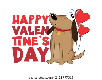 Happy Valentine's Day - cute cartoon dog with heart balloons. Good for greeting card, T shirt print, poster, card, mug, and other gifts design.