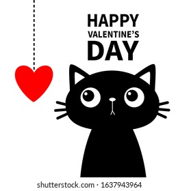 Happy Valentines Day. Cute cat looking at hanging red heart. Black silhouette sticker print. Cartoon funny character. Kawaii pet baby animal. Kids greeting card. Flat design. White background. Vector