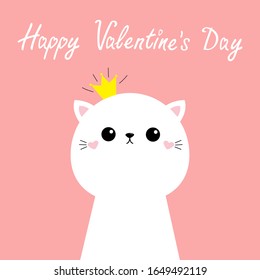 Happy Valentines Day. Cute cat kitten. Kawaii kitty animal. Golden crown. Cartoon funny baby character. Kids print for poster, t-shirt. Love. Scandinavian style. Flat design. Pink background. Vector
