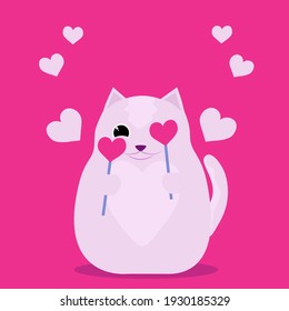 Happy Valentines Day. Cute cat with hearts for love, romantic concept. Love greeting card for Valentines Day.