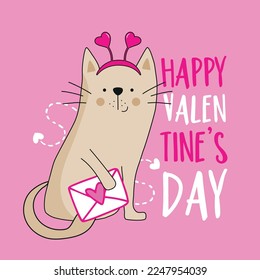 Happy Valentinstag - süße Katze mit Umschlag einzeln auf rosafarbenem Hintergrund. Gut für Grußkarten, Poster, Mumb, Label, T-Shirt-Druck.